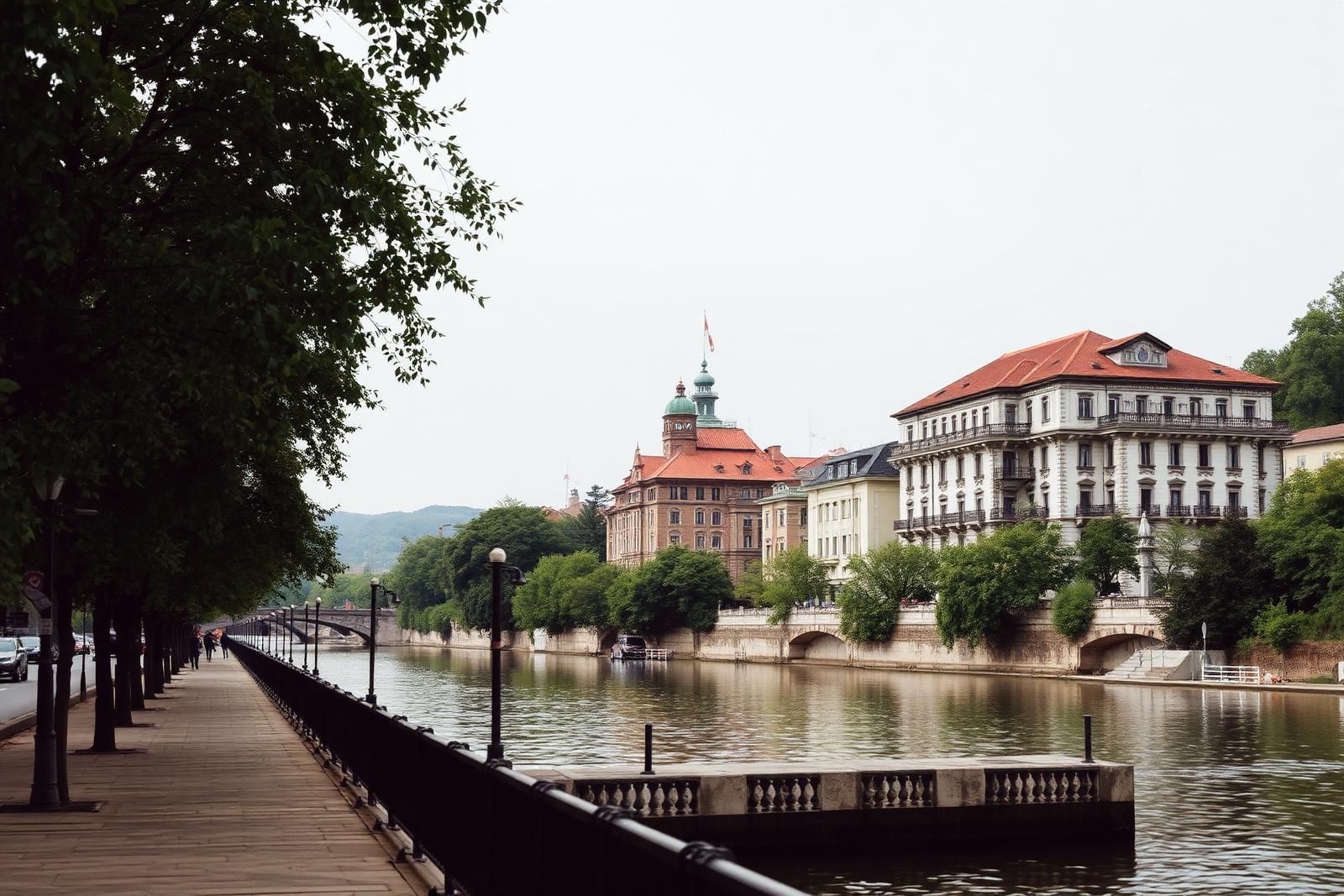 Tree lined promenade along the Vrbas river in Banja Luka