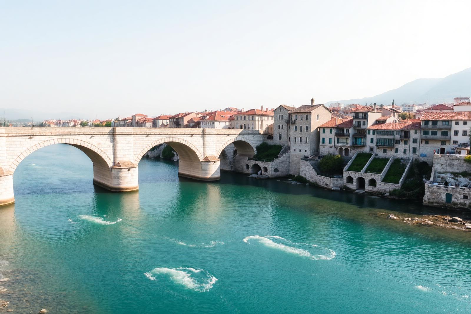 Stone bridge over the turquoise Neretva river in Mostar